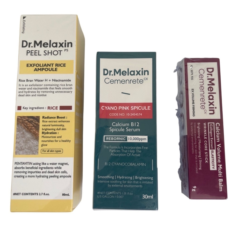 Dr. Melaxin Skincare Set Peel Shot Rice Ampoule Cemenrete Serum Multi Balm 3pc